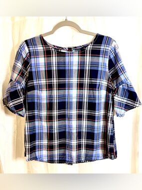 Tommy Hilfiger Blue Plaid Button Back Blouse | Short Sleeve | Size M